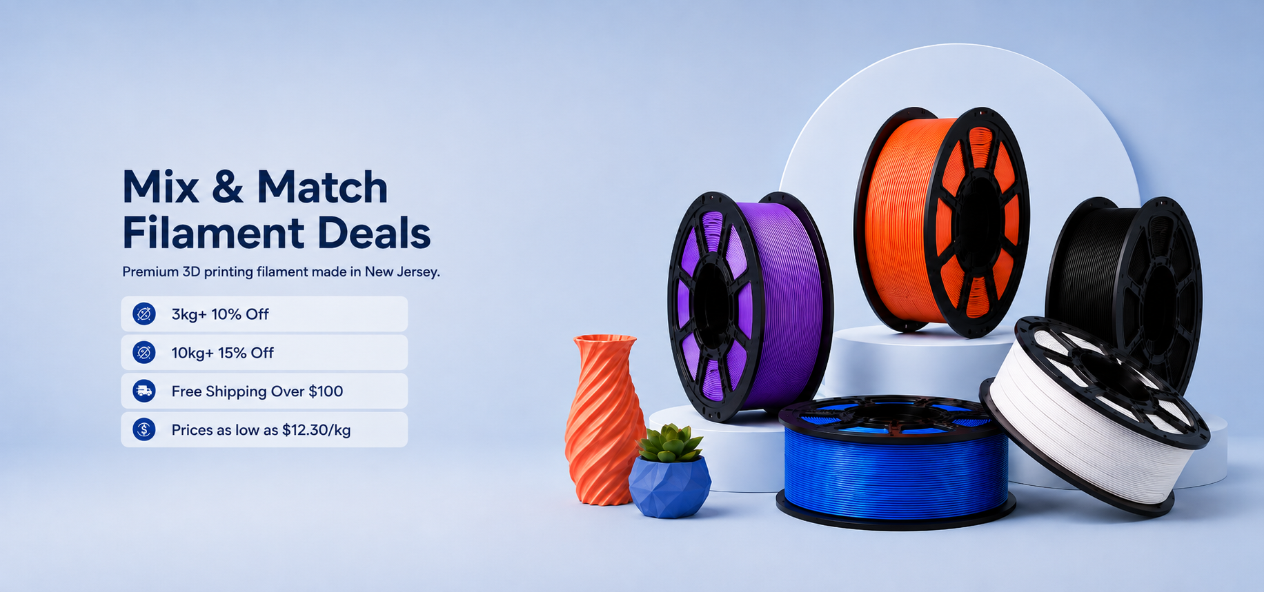 Promotional graphic for 3D printing filament showing multiple spools in orange, purple, blue, black, and white, with two small 3D-printed decorative objects and sale text on a light blue background.