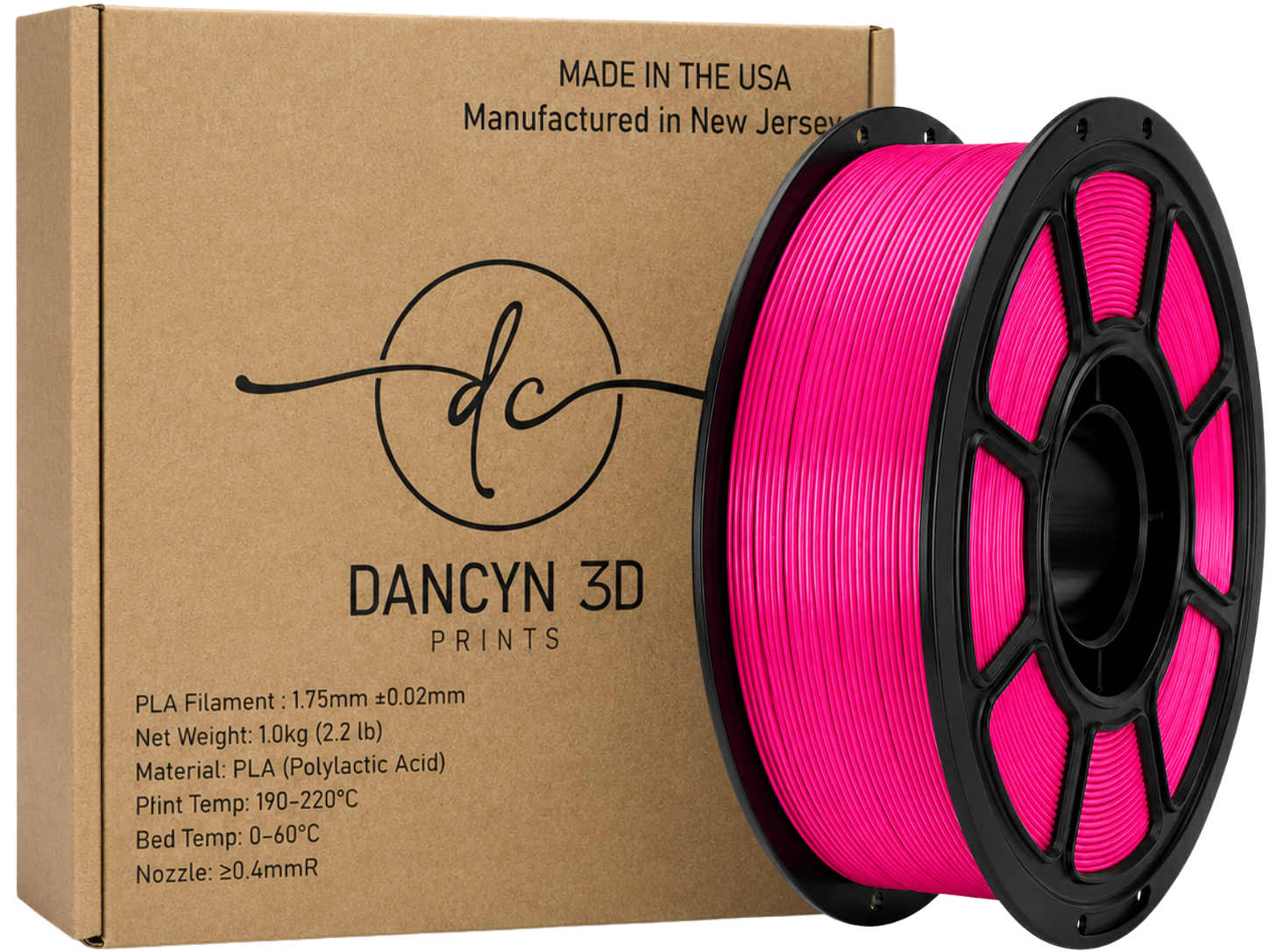 A brown cardboard box labeled DANCYN 3D PRINTS PLA Filament next to a large spool of bright pink filament on a white background.