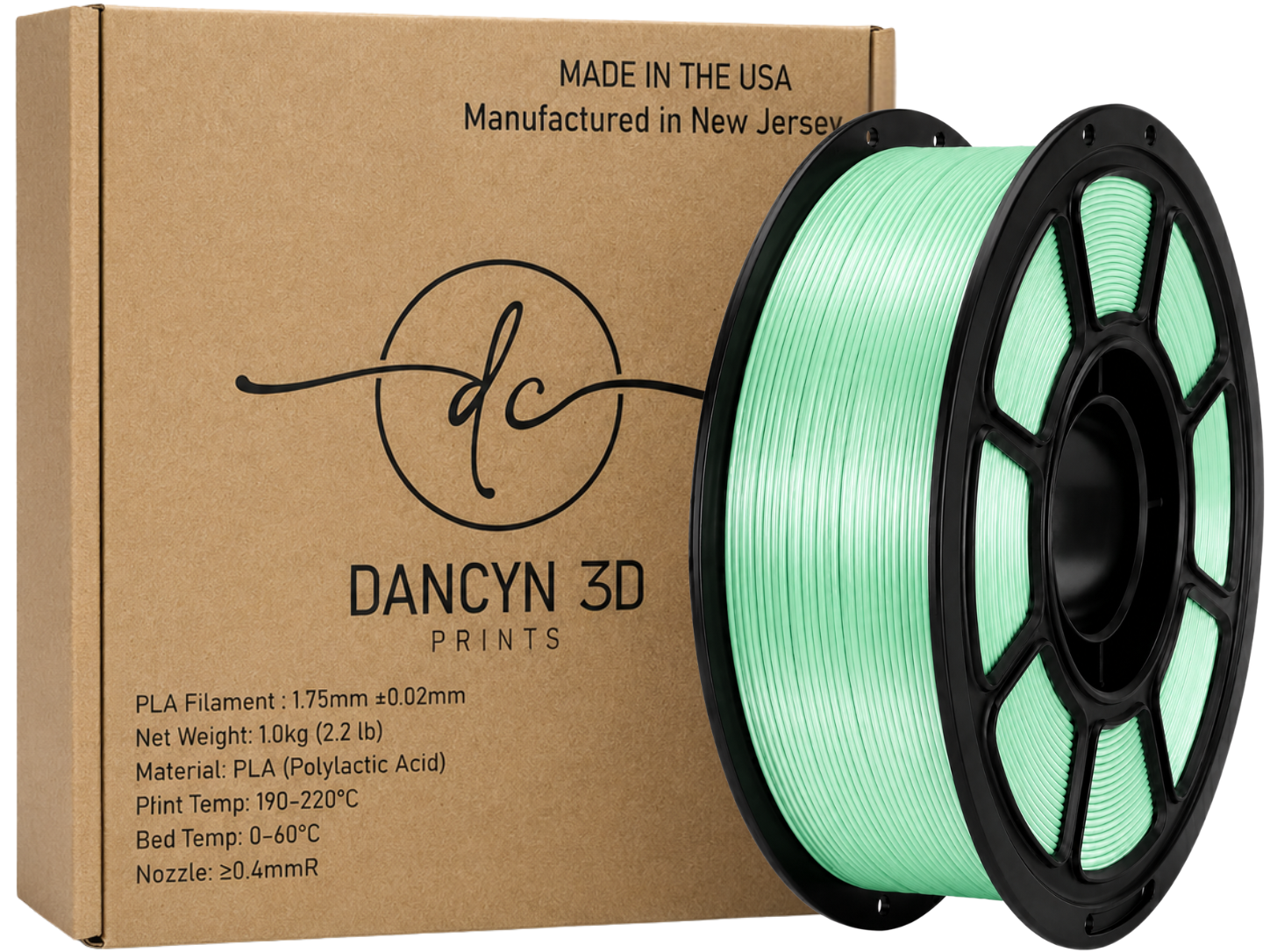 A spool of mint green Dancyn 3D PLA filament displayed next to its brown cardboard packaging box, which features the Dancyn 3D Prints logo and product specifications.